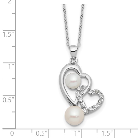 Sterling Silver Rhodium-plated 6-7.5mm White Button Freshwater Cultured Pearl and CZ Double Heart 17 inch Necklace