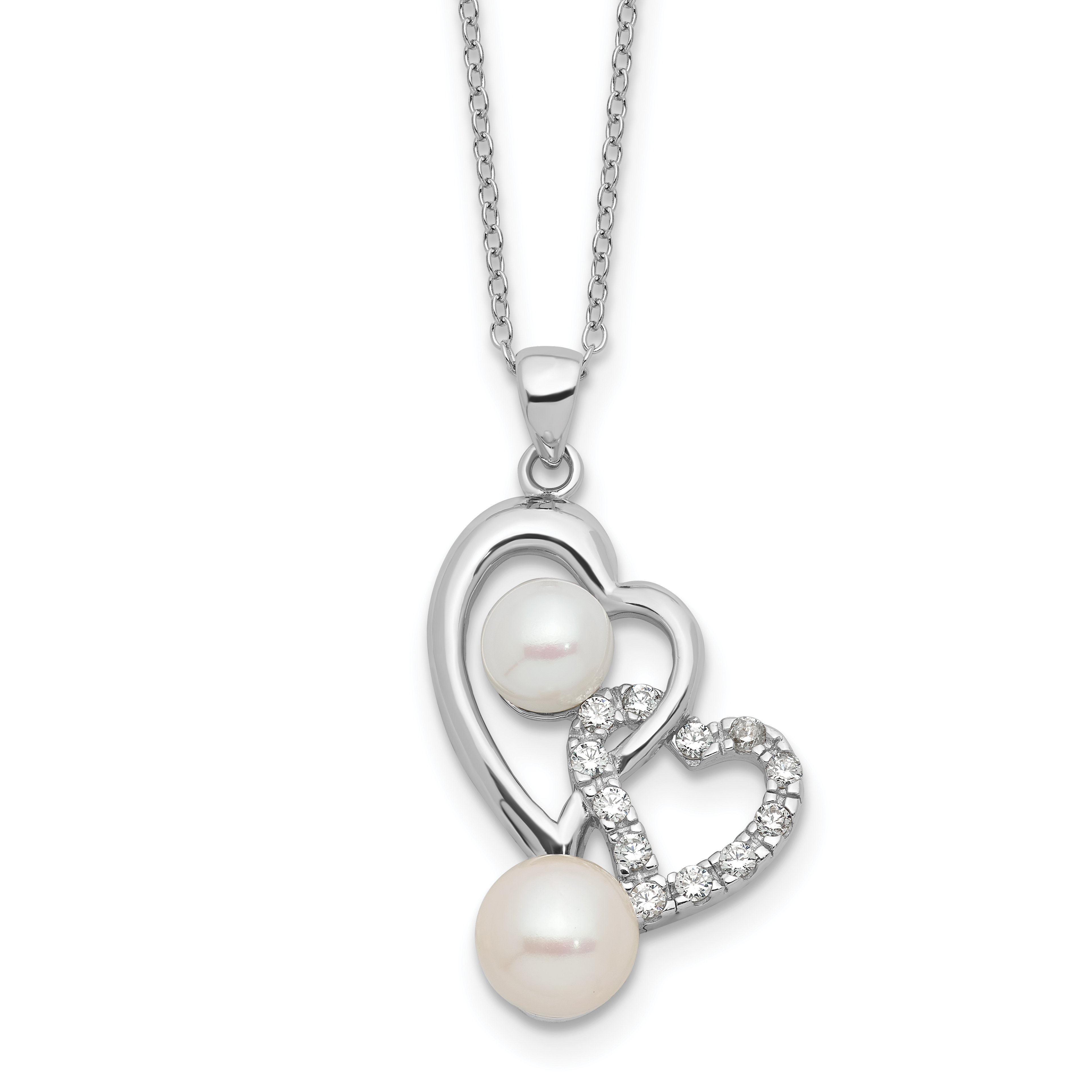 Sterling Silver Rhodium-plated 6-7.5mm White Button Freshwater Cultured Pearl and CZ Double Heart 17 inch Necklace (QH5788-17)