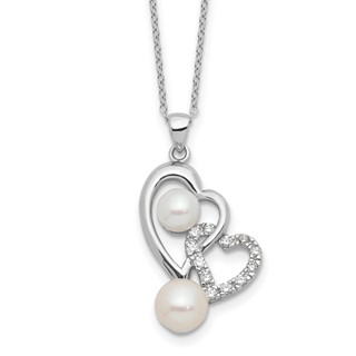 Sterling Silver Rhodium-plated 6-7.5mm White Button Freshwater Cultured Pearl and CZ Double Heart 17 inch Necklace