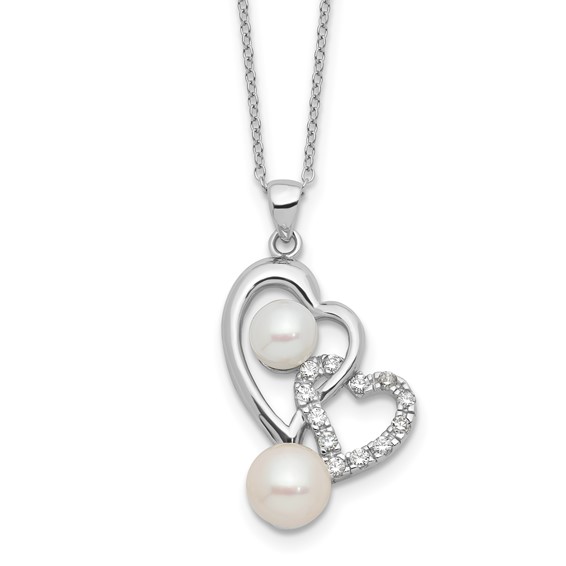 Sterling Silver Rhodium-plated 6-7.5mm White Button Freshwater Cultured Pearl and CZ Double Heart 17 inch Necklace
