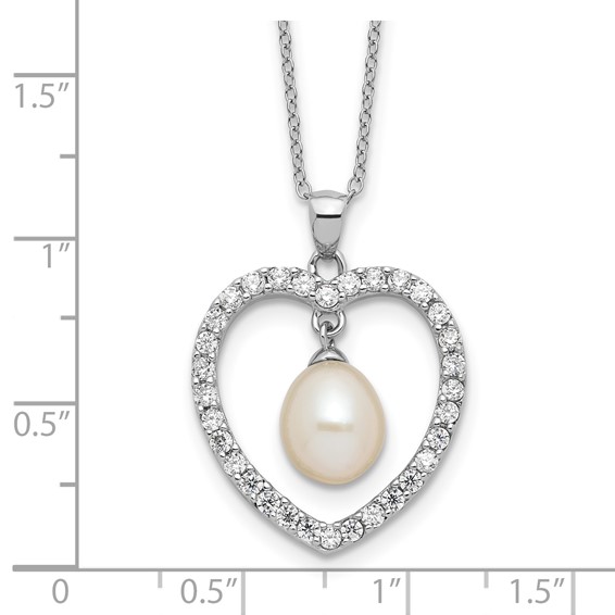Sterling Silver Rhodium-plated 8-8.5mm White Teardrop Freshwater Cultured Pearl and CZ Heart 17 inch Necklace