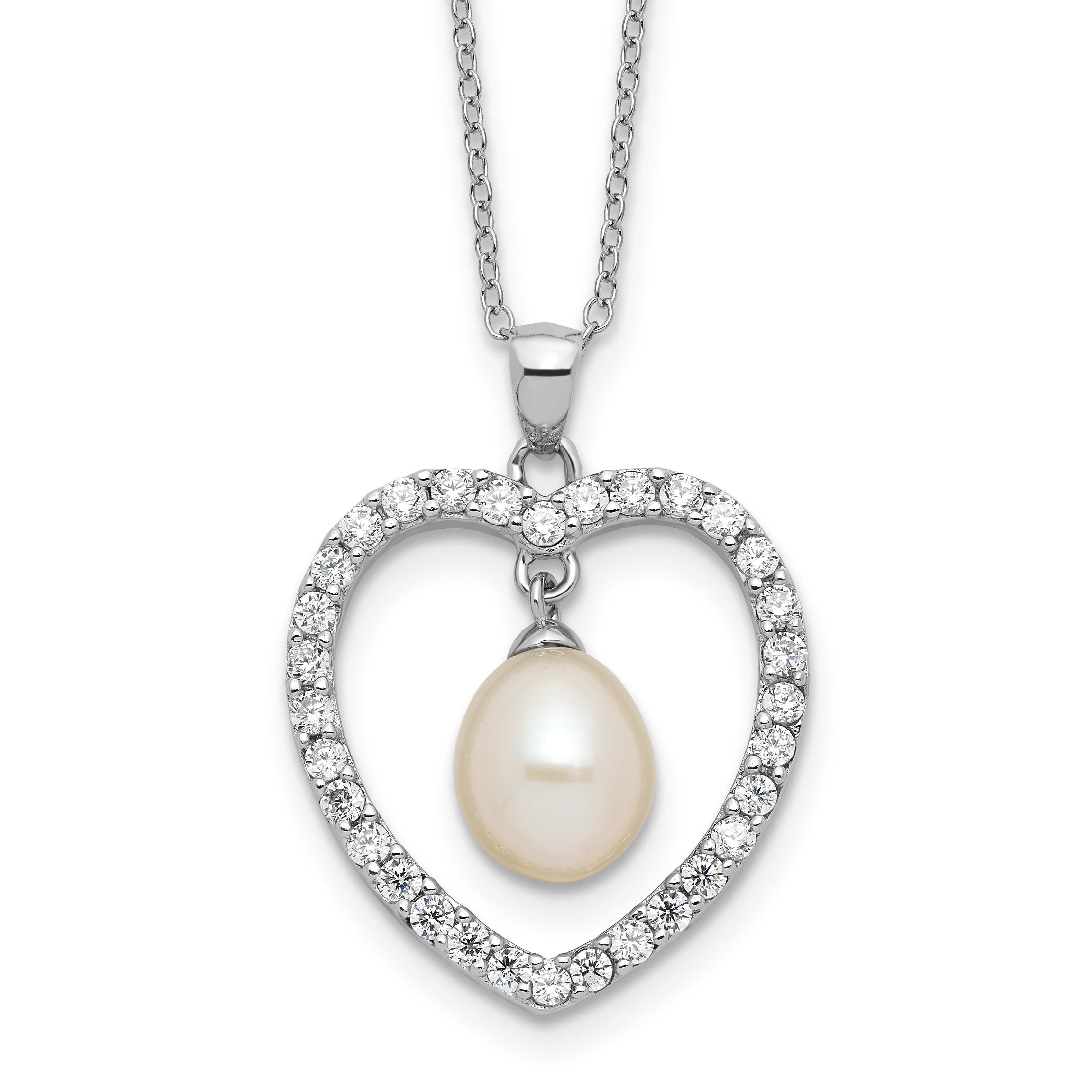 Sterling Silver Rhodium-plated 8-8.5mm White Teardrop Freshwater Cultured Pearl and CZ Heart 17 inch Necklace (QH5789-17)