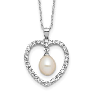 Sterling Silver Rhodium-plated 8-8.5mm White Teardrop Freshwater Cultured Pearl and CZ Heart 17 inch Necklace