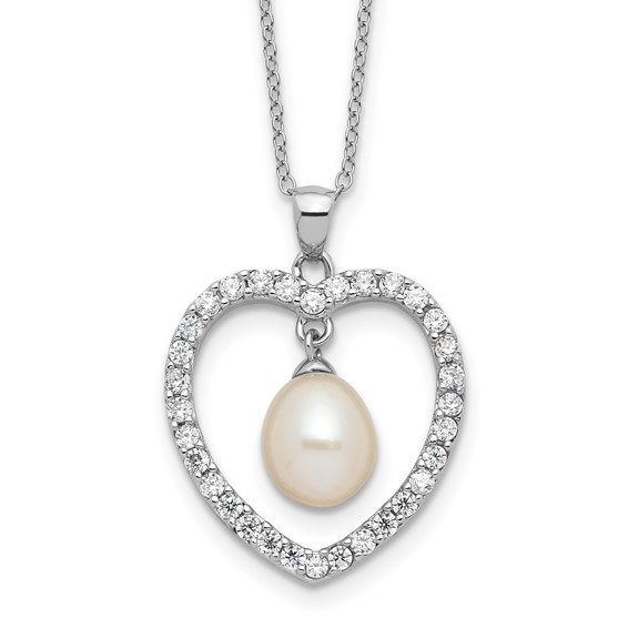 Sterling Silver Rhodium-plated 8-8.5mm White Teardrop Freshwater Cultured Pearl and CZ Heart 17 inch Necklace