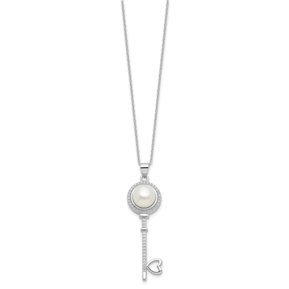 Sterling Silver Rhod-plated Pearl/CZ Key with Heart w/2IN Ext Necklace