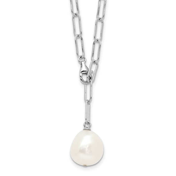 Sterling Silver Rhodium-plated 12-13mm Teardrop Freshwater Cultured Pearl Adjustable 24 inch Necklace