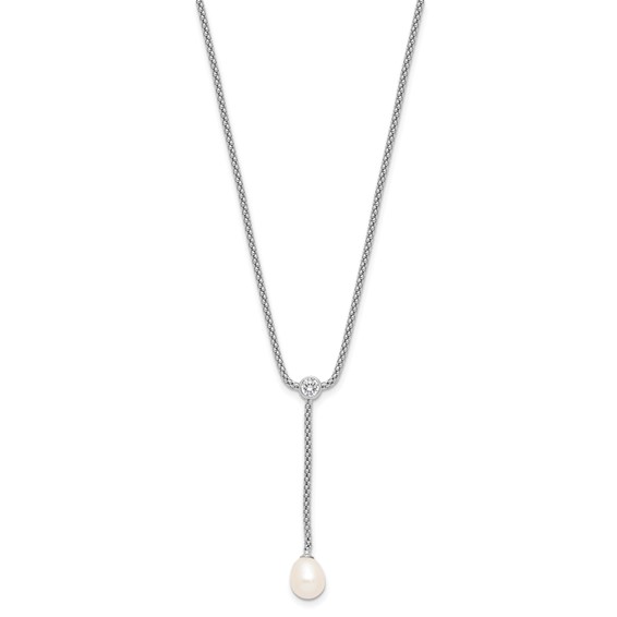 Sterling Silver Rhodium-plated 8-9mm Teardrop Freshwater Cultured Pearl and CZ Drop Dangle 18 inch Necklace