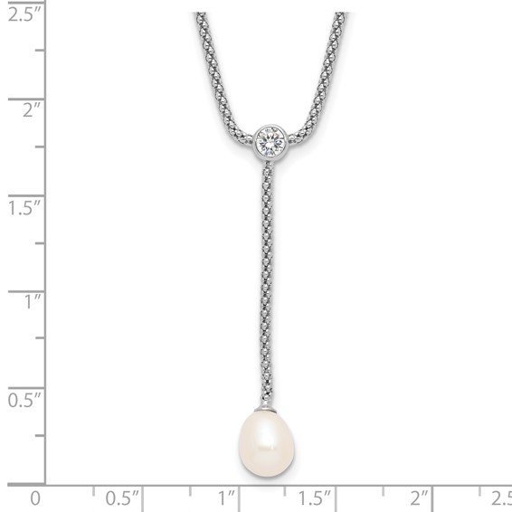 Sterling Silver Rhodium-plated 8-9mm Teardrop Freshwater Cultured Pearl and CZ Drop Dangle 18 inch Necklace