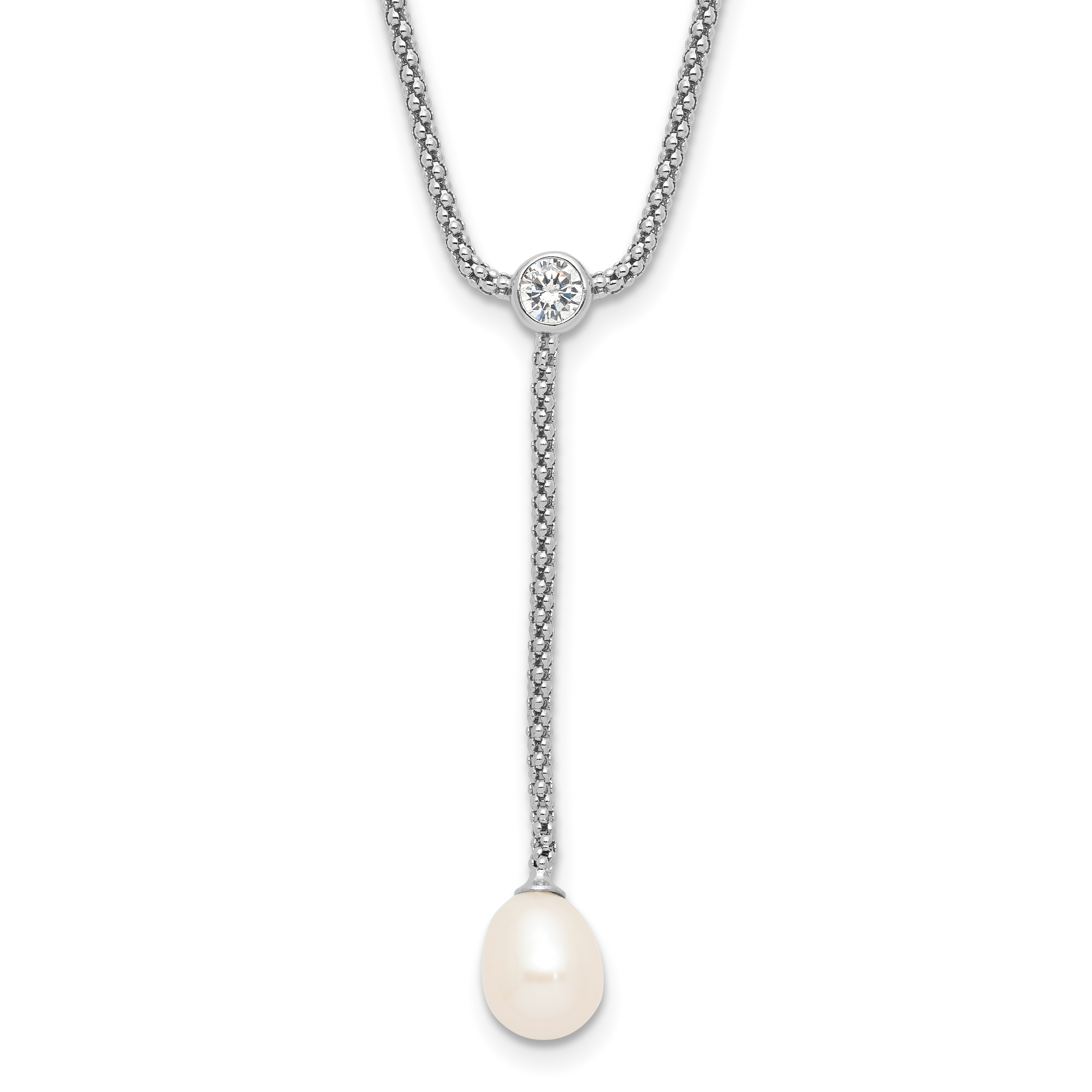Sterling Silver Rhodium-plated 8-9mm Teardrop Freshwater Cultured Pearl and CZ Drop Dangle 18 inch Necklace (QH5796-18)