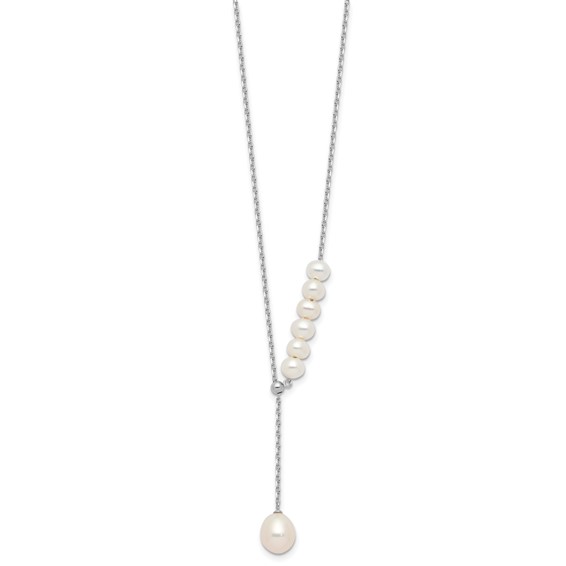 Sterling Silver Rhodium-plated 4.5-8.5mm White Teardrop and Semi-Round Freshwater Cultured Pearl 15.5 inch with 1.75 inch Extension Necklace