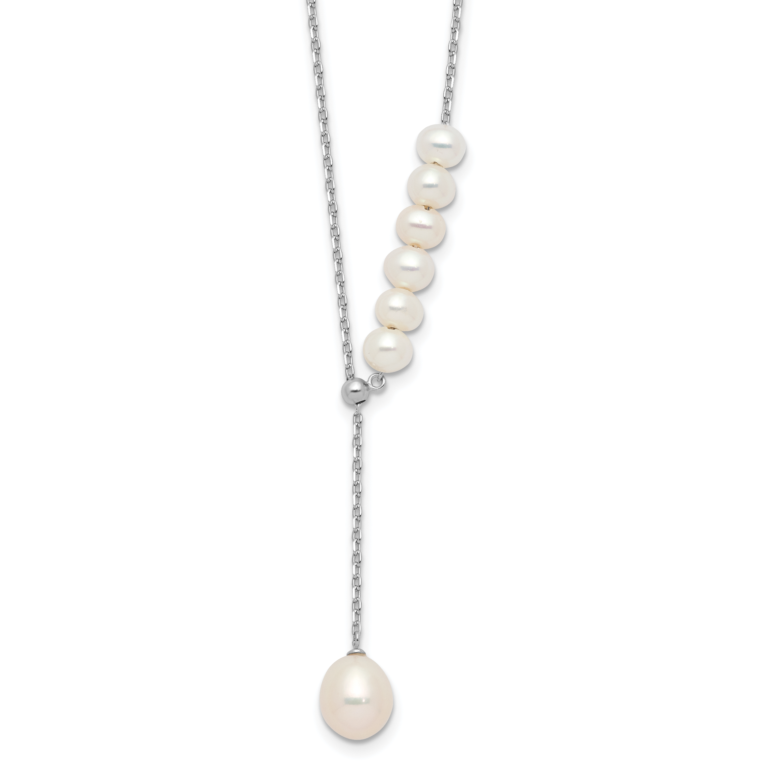Sterling Silver Rhodium-plated 4.5-8.5mm White Teardrop and Semi-Round Freshwater Cultured Pearl 15.5 inch with 1.75 inch Extension Necklace (QH5797-15.5)