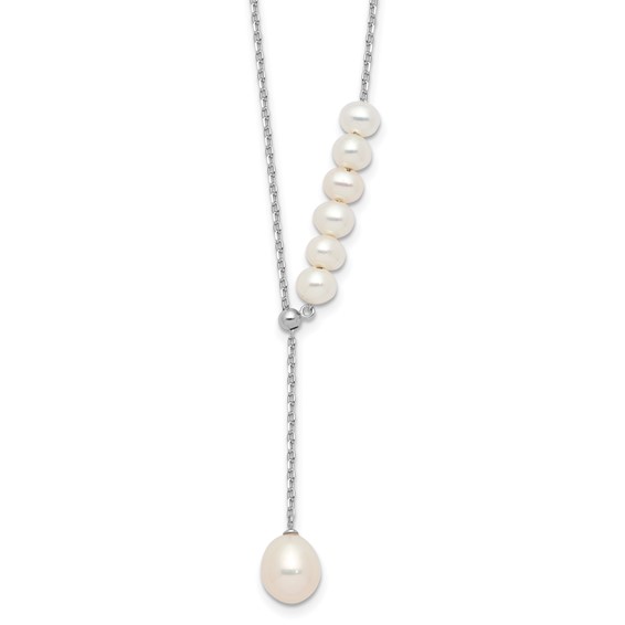Sterling Silver Rhodium-plated 4.5-8.5mm White Teardrop and Semi-Round Freshwater Cultured Pearl 15.5 inch with 1.75 inch Extension Necklace