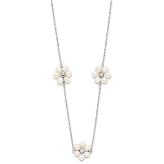 Sterling Silver Rhodium-plated 4-5mm White Semi-Round Freshwater Cultured Pearl Flower 17 inch with 1.75 inch Extension Necklace