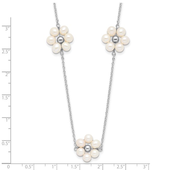 Sterling Silver Rhodium-plated 4-5mm White Semi-Round Freshwater Cultured Pearl Flower 17 inch with 1.75 inch Extension Necklace