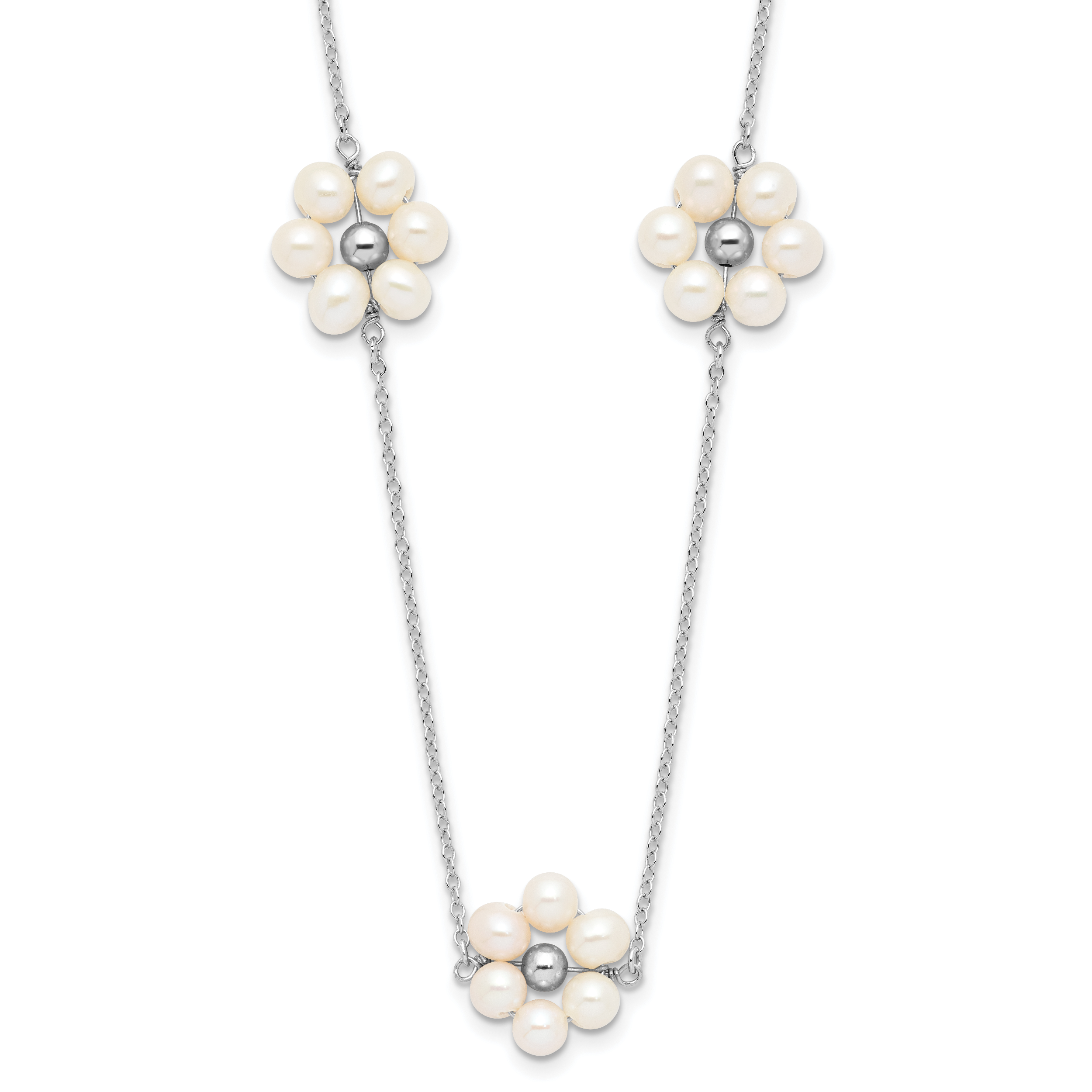 Sterling Silver Rhodium-plated 4-5mm White Semi-Round Freshwater Cultured Pearl Flower 17 inch with 1.75 inch Extension Necklace (QH5799-17)