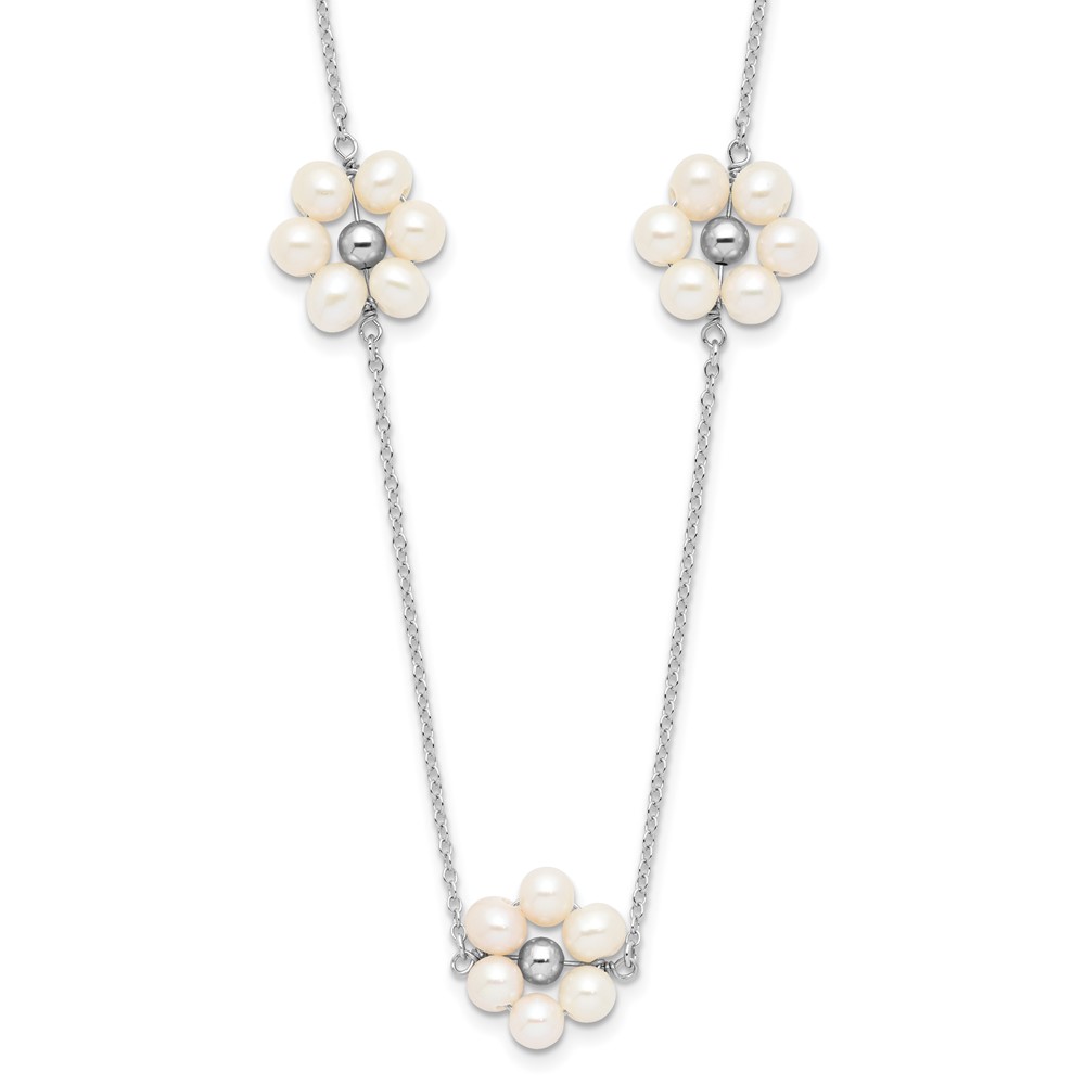 Sterling Silver Rhodium-plated 4-5mm White Semi-Round Freshwater Cultured Pearl Flower 17 inch with 1.75 inch Extension Necklace (QH5799-17)