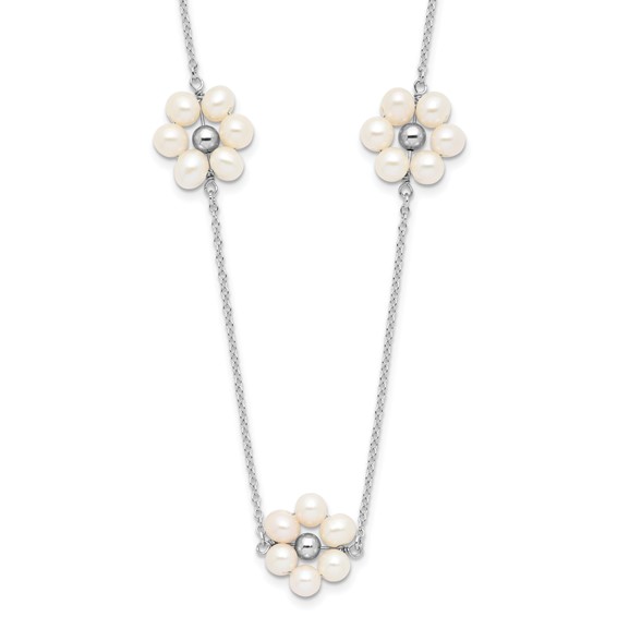 Sterling Silver Rhodium-plated 4-5mm White Semi-Round Freshwater Cultured Pearl Flower 17 inch with 1.75 inch Extension Necklace