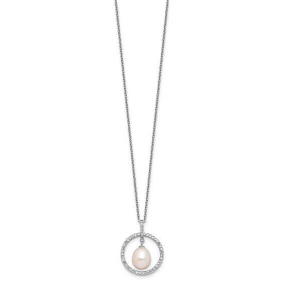 Sterling Silver Rhodium-plated 8-9mm White Teardrop Freshwater Cultured Pearl and CZ Circle 17 inch Necklace