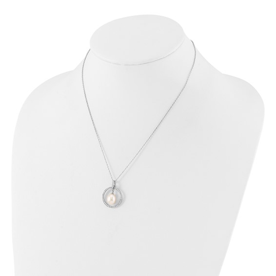 Sterling Silver Rhodium-plated 8-9mm White Teardrop Freshwater Cultured Pearl and CZ Circle 17 inch Necklace