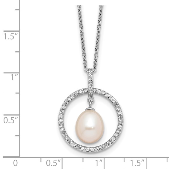Sterling Silver Rhodium-plated 8-9mm White Teardrop Freshwater Cultured Pearl and CZ Circle 17 inch Necklace