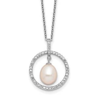 Sterling Silver Rhodium-plated 8-9mm White Teardrop Freshwater Cultured Pearl and CZ Circle 17 inch Necklace