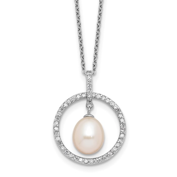 Sterling Silver Rhodium-plated 8-9mm White Teardrop Freshwater Cultured Pearl and CZ Circle 17 inch Necklace