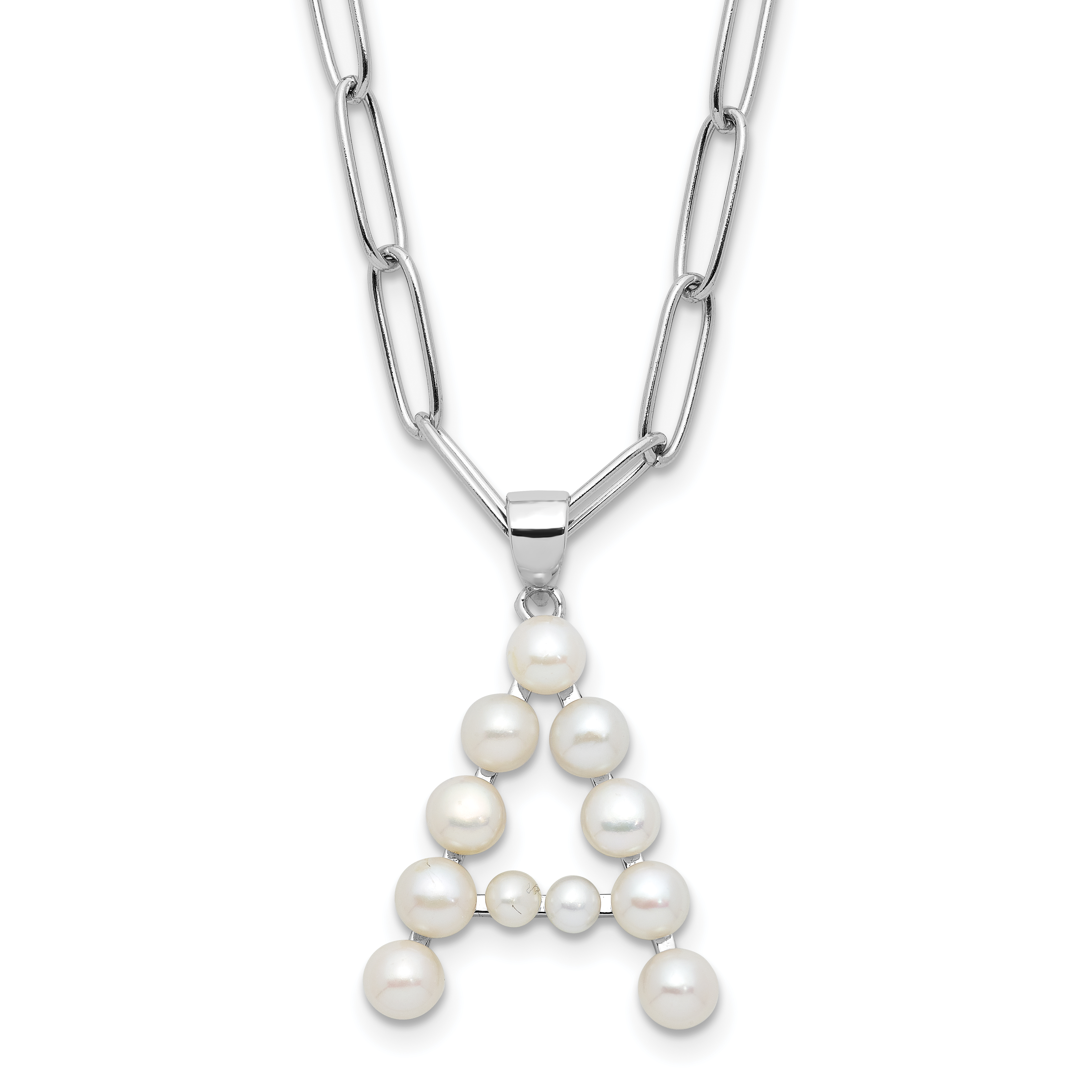 Sterling Silver Rhodium-plated 3-5.5mm White Button Freshwater Cultured Pearl LETTER A 18 inch Necklace (QH5808A-18)