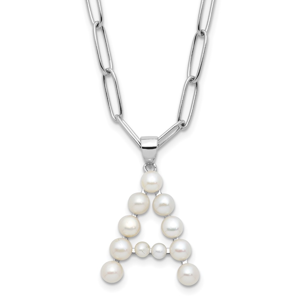 Sterling Silver Rhodium-plated 3-5.5mm White Button Freshwater Cultured Pearl LETTER A 18 inch Necklace (QH5808A-18)