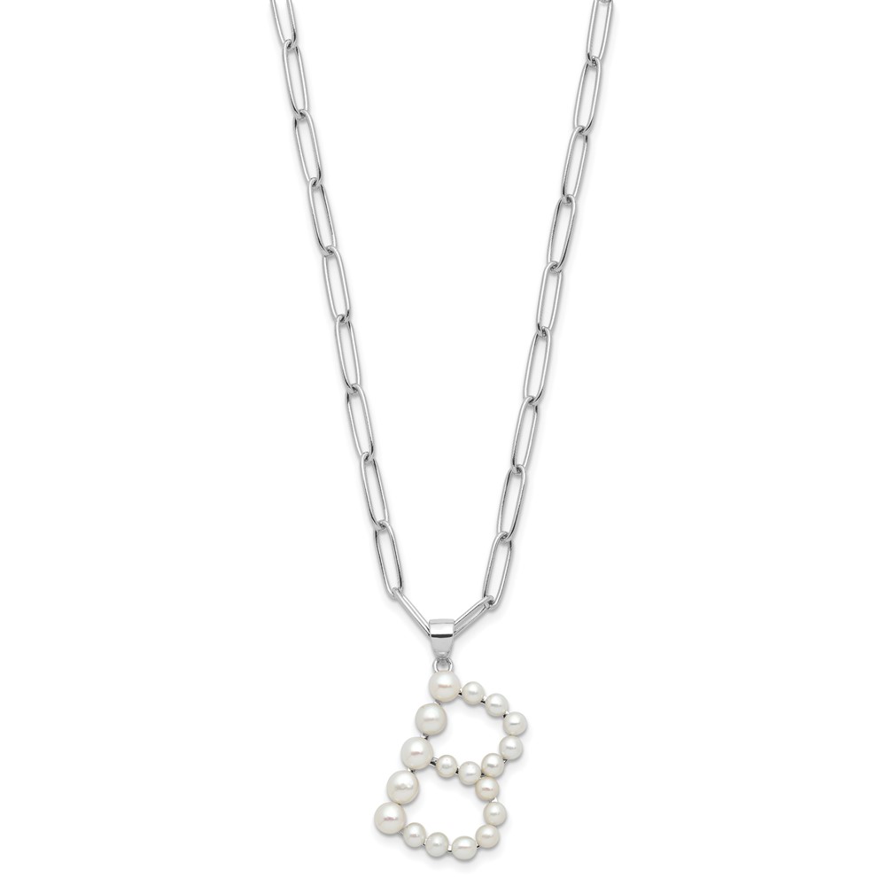 Sterling Silver Rhodium-plated 3-5.5mm White Button Freshwater Cultured Pearl LETTER B 18 inch Necklace (QH5808B-18)
