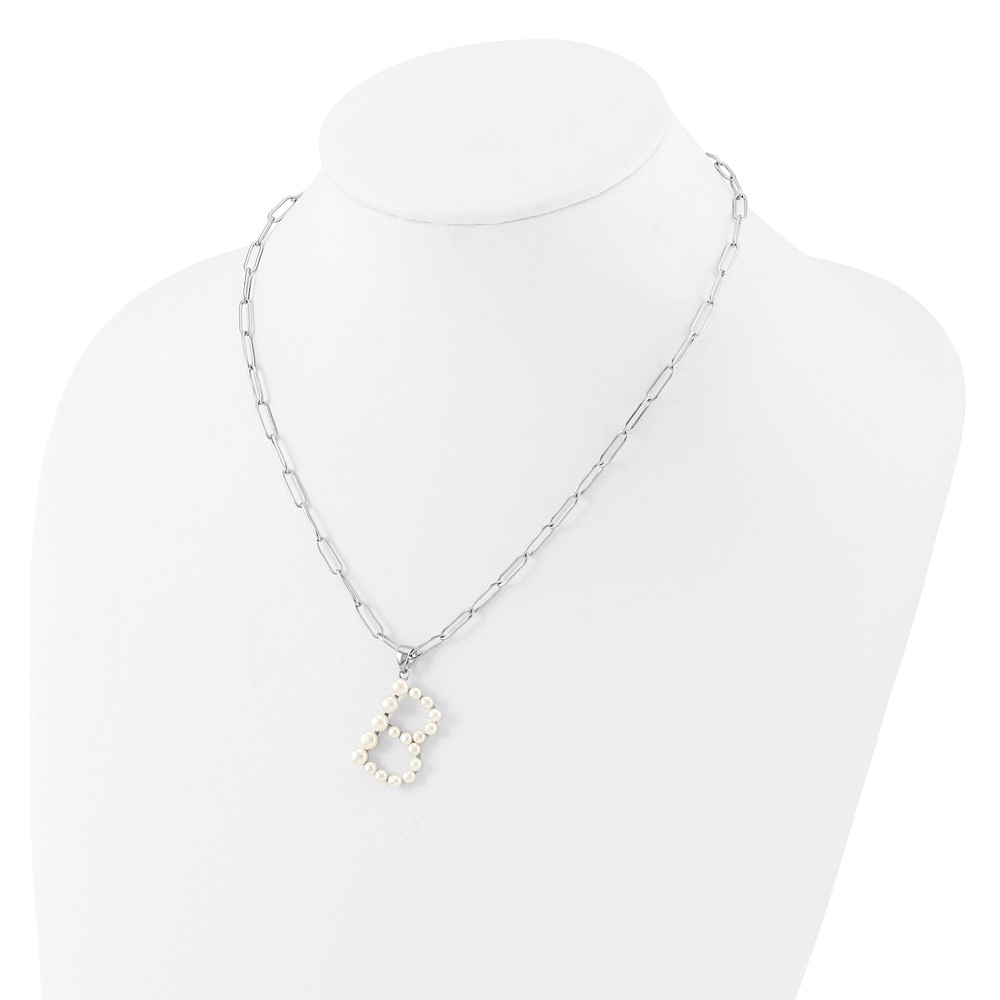 Sterling Silver Rhodium-plated 3-5.5mm White Button Freshwater Cultured Pearl LETTER B 18 inch Necklace (QH5808B-18)