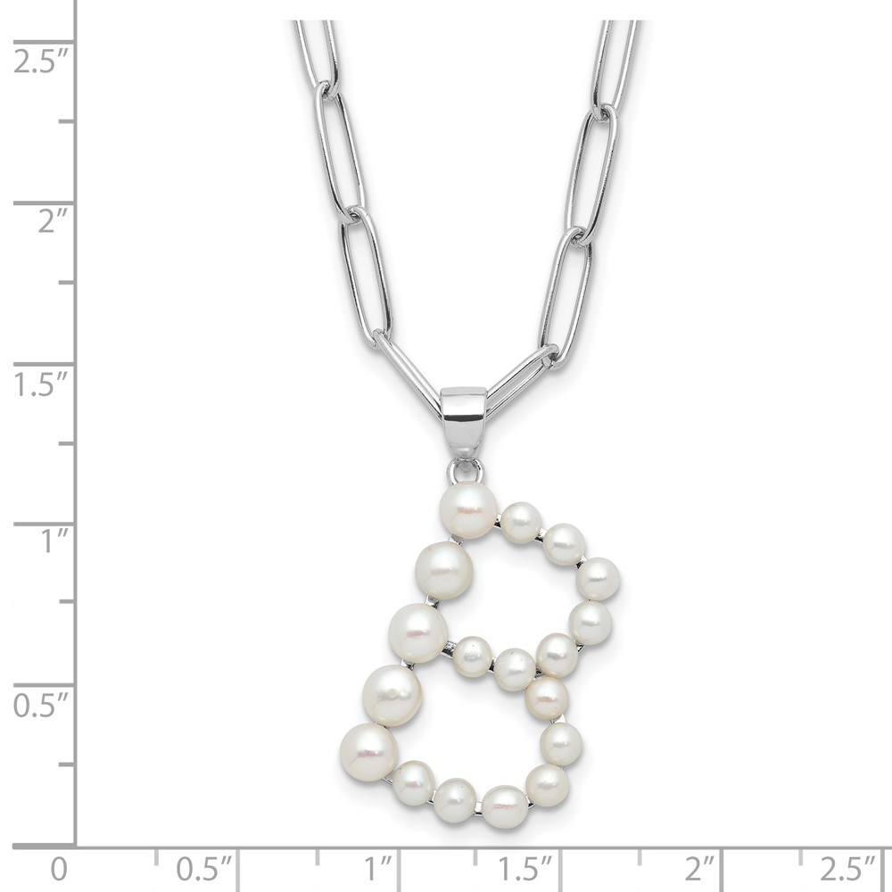 Sterling Silver Rhodium-plated 3-5.5mm White Button Freshwater Cultured Pearl LETTER B 18 inch Necklace (QH5808B-18)