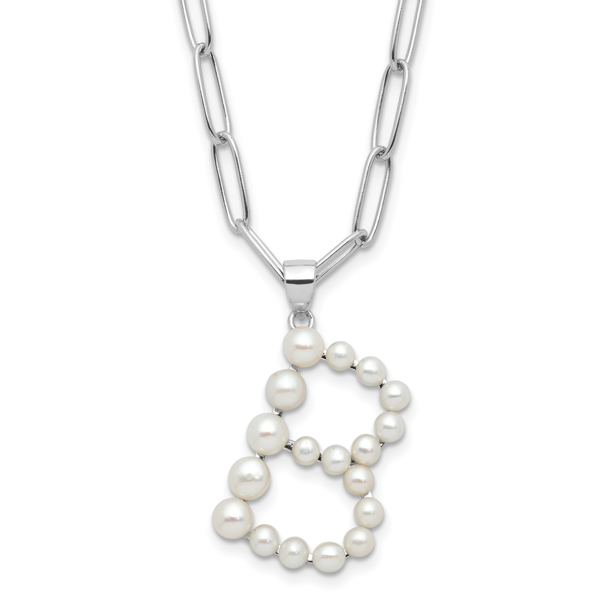 Sterling Silver Rhodium-plated 3-5.5mm White Button Freshwater Cultured Pearl LETTER B 18 inch Necklace (QH5808B-18)