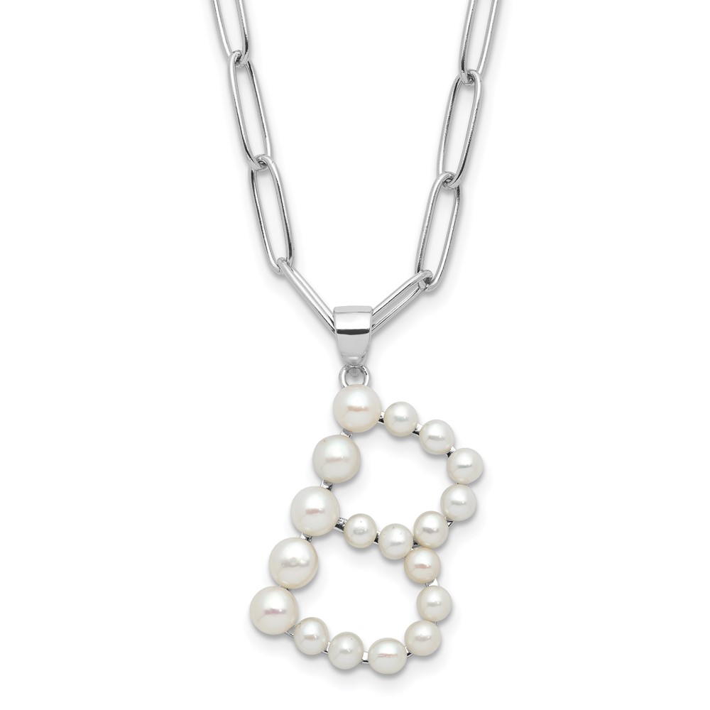 Sterling Silver Rhodium-plated 3-5.5mm White Button Freshwater Cultured Pearl LETTER B 18 inch Necklace (QH5808B-18)