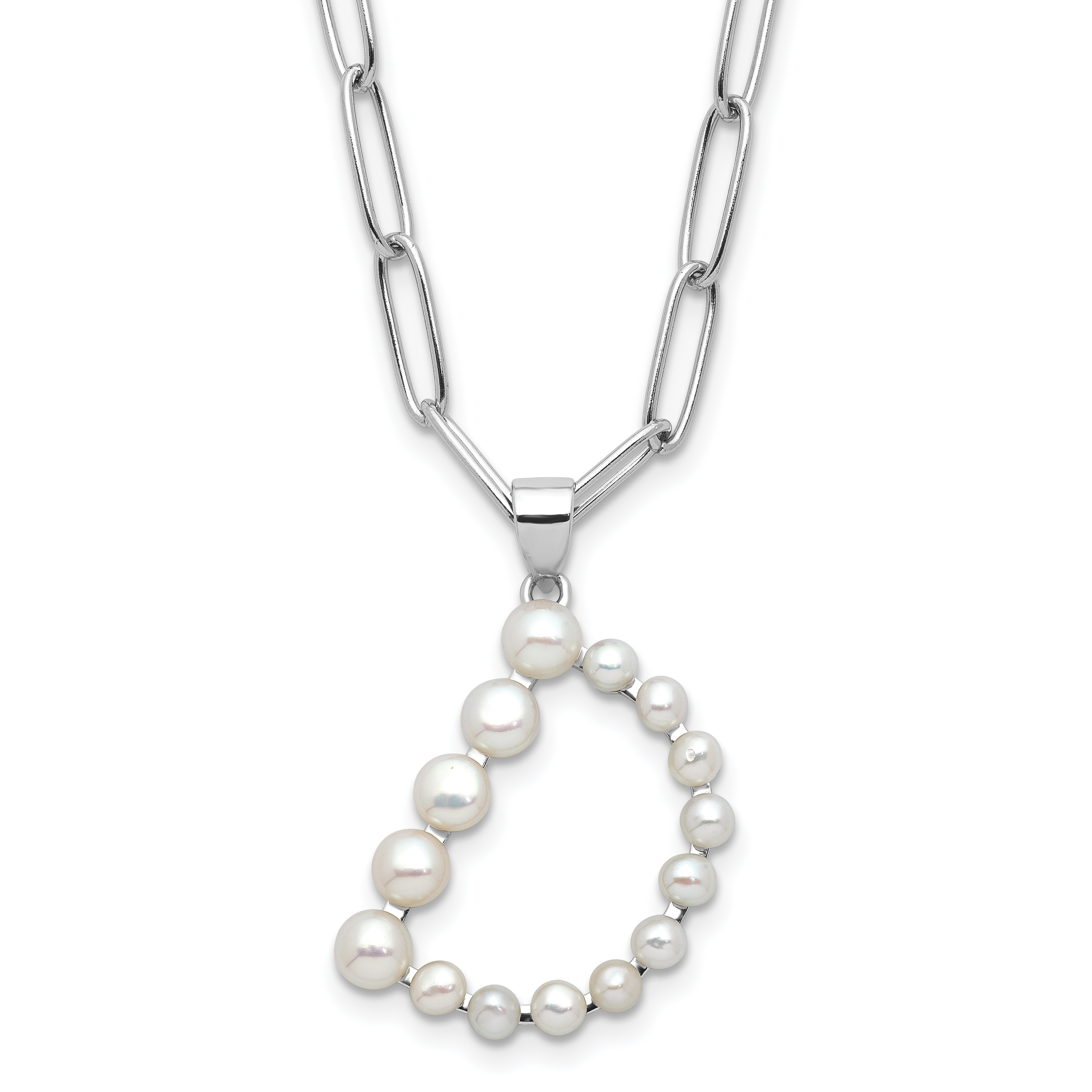 Sterling Silver Rhodium-plated 3-5.5mm White Button Freshwater Cultured Pearl LETTER D 18 inch Necklace (QH5808D-18)