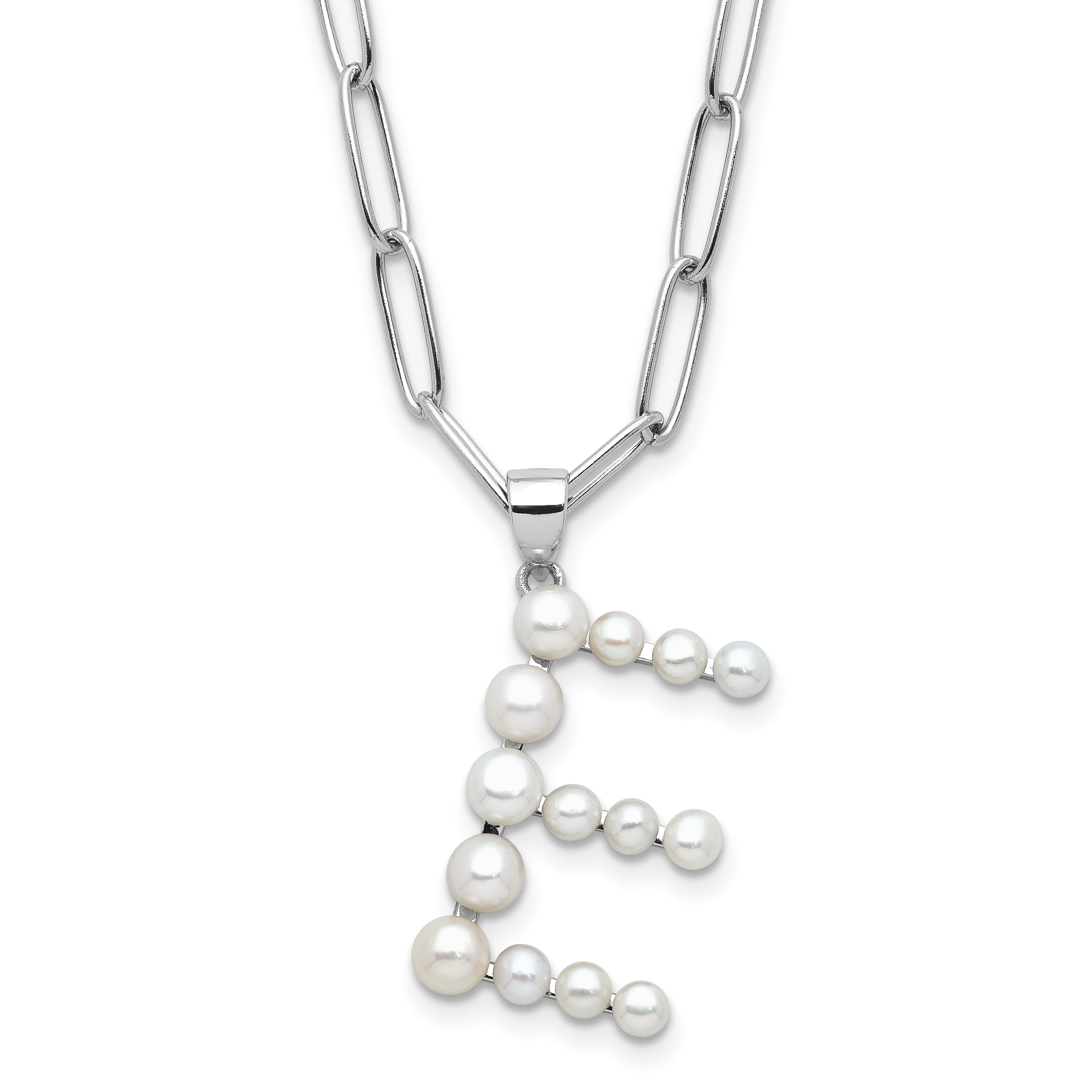 Sterling Silver Rhodium-plated 3-5.5mm White Button Freshwater Cultured Pearl LETTER E 18 inch Necklace (QH5808E-18)