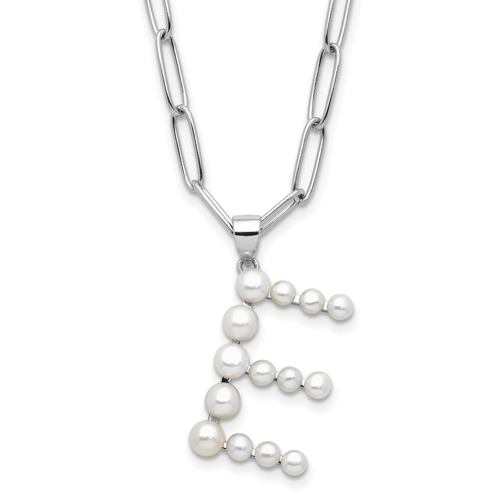 Sterling Silver Rhodium-plated 3-5.5mm White Button Freshwater Cultured Pearl LETTER E 18 inch Necklace (QH5808E-18)