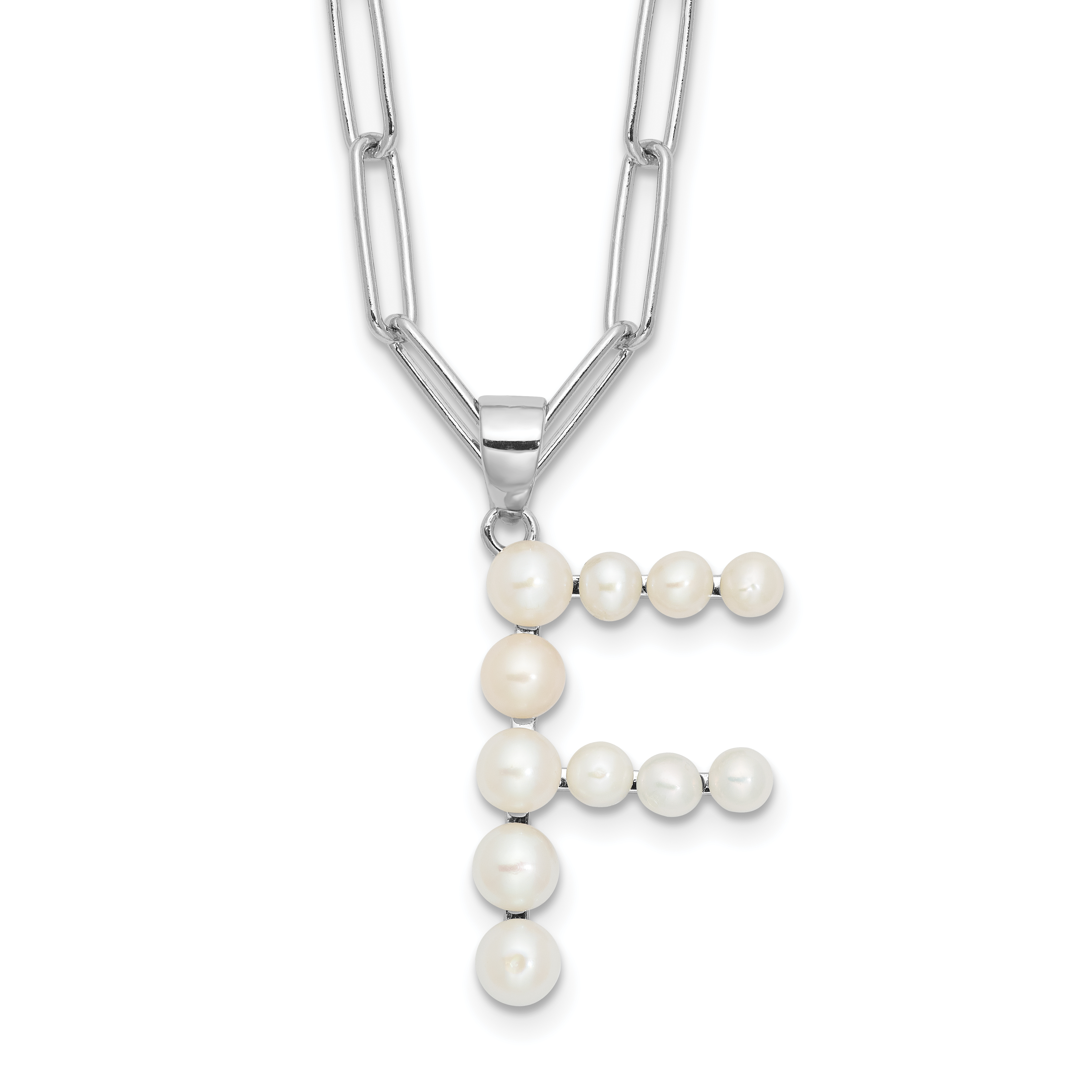 Sterling Silver Rhodium-plated 3-5.5mm White Button Freshwater Cultured Pearl LETTER F 18 inch Necklace (QH5808F-18)