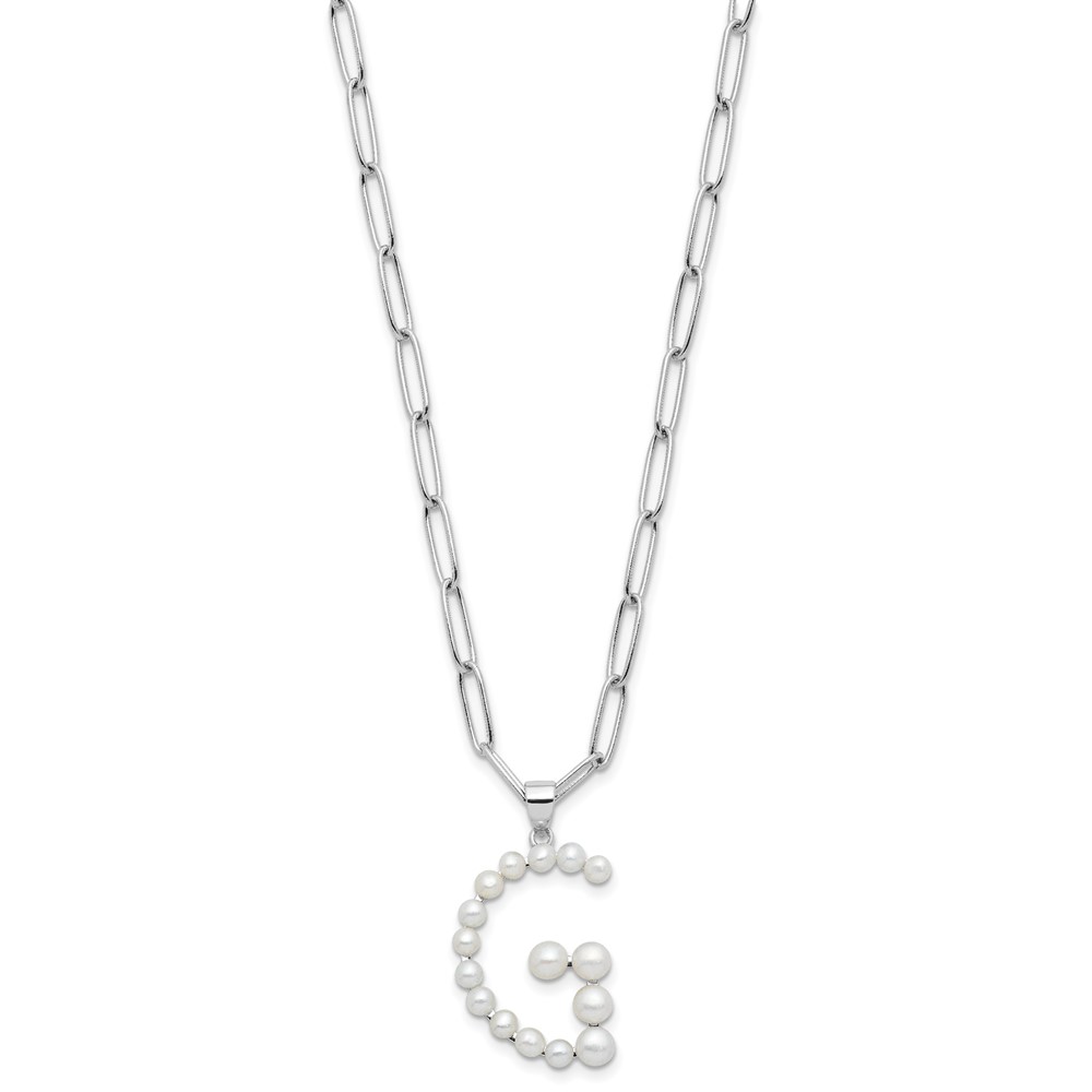 Sterling Silver Rhodium-plated 3-5.5mm White Button Freshwater Cultured Pearl LETTER G 18 inch Necklace (QH5808G-18)