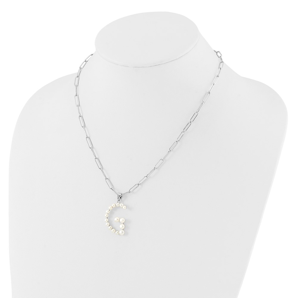 Sterling Silver Rhodium-plated 3-5.5mm White Button Freshwater Cultured Pearl LETTER G 18 inch Necklace (QH5808G-18)