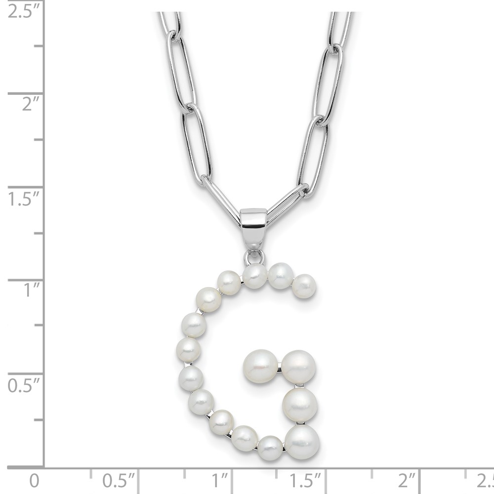 Sterling Silver Rhodium-plated 3-5.5mm White Button Freshwater Cultured Pearl LETTER G 18 inch Necklace (QH5808G-18)