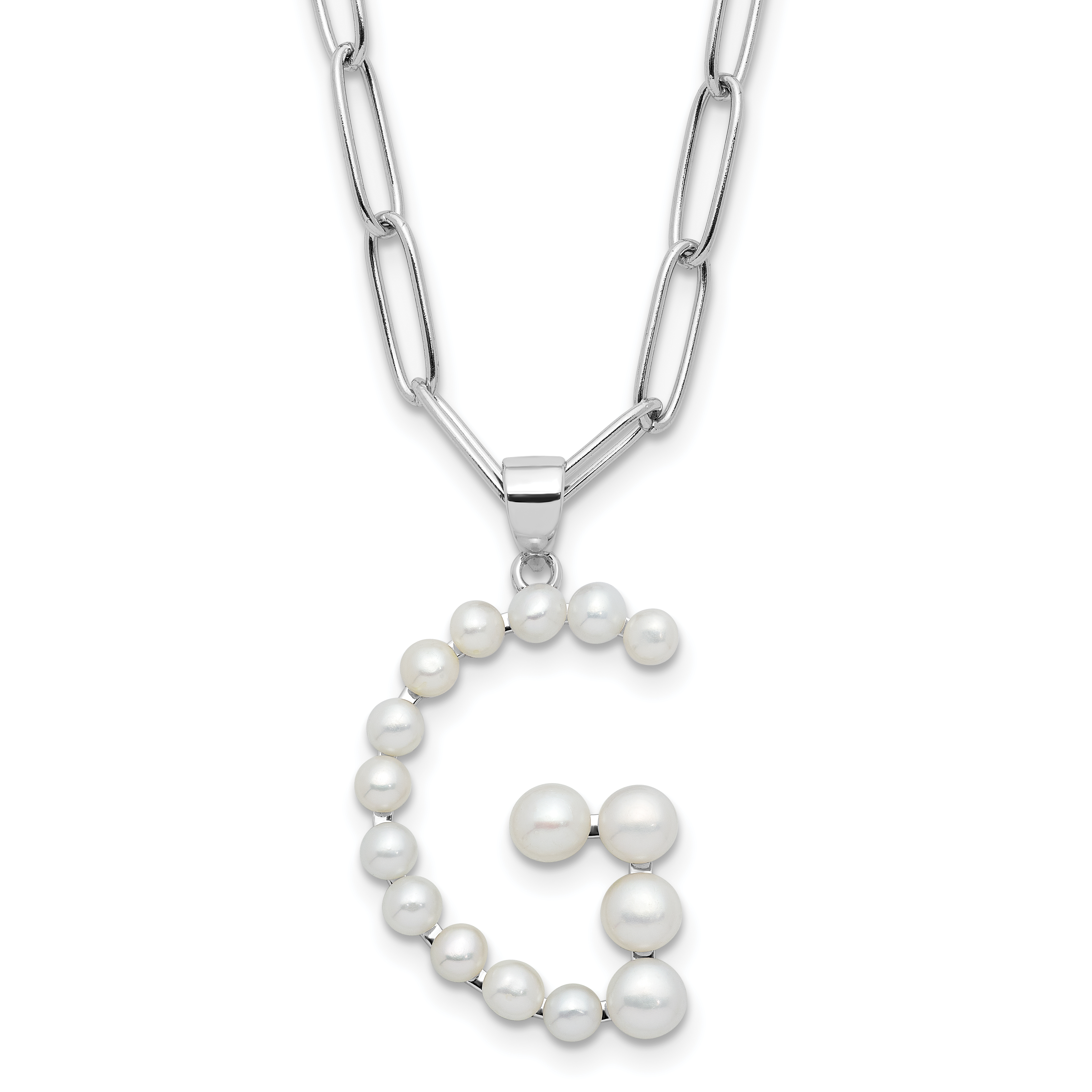 Sterling Silver Rhodium-plated 3-5.5mm White Button Freshwater Cultured Pearl LETTER G 18 inch Necklace (QH5808G-18)