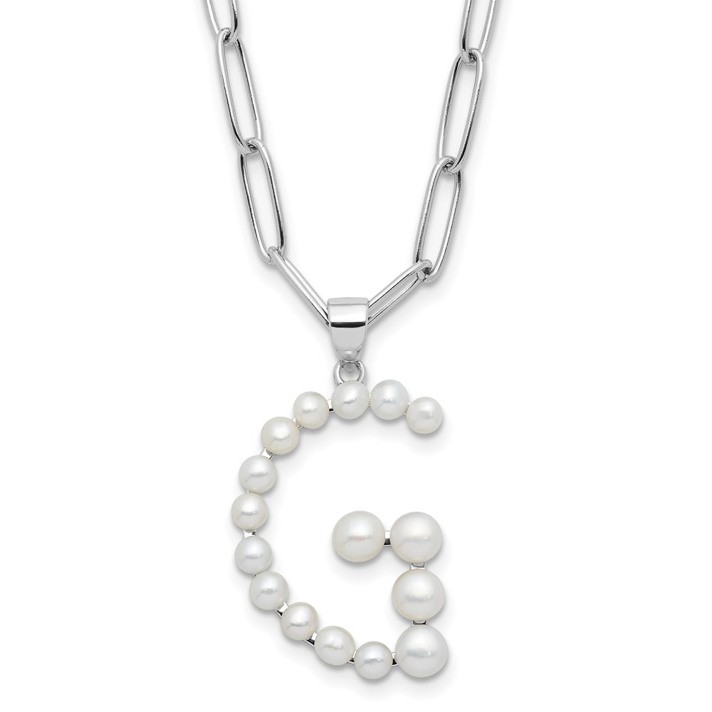 Sterling Silver Rhodium-plated 3-5.5mm White Button Freshwater Cultured Pearl LETTER G 18 inch Necklace (QH5808G-18)