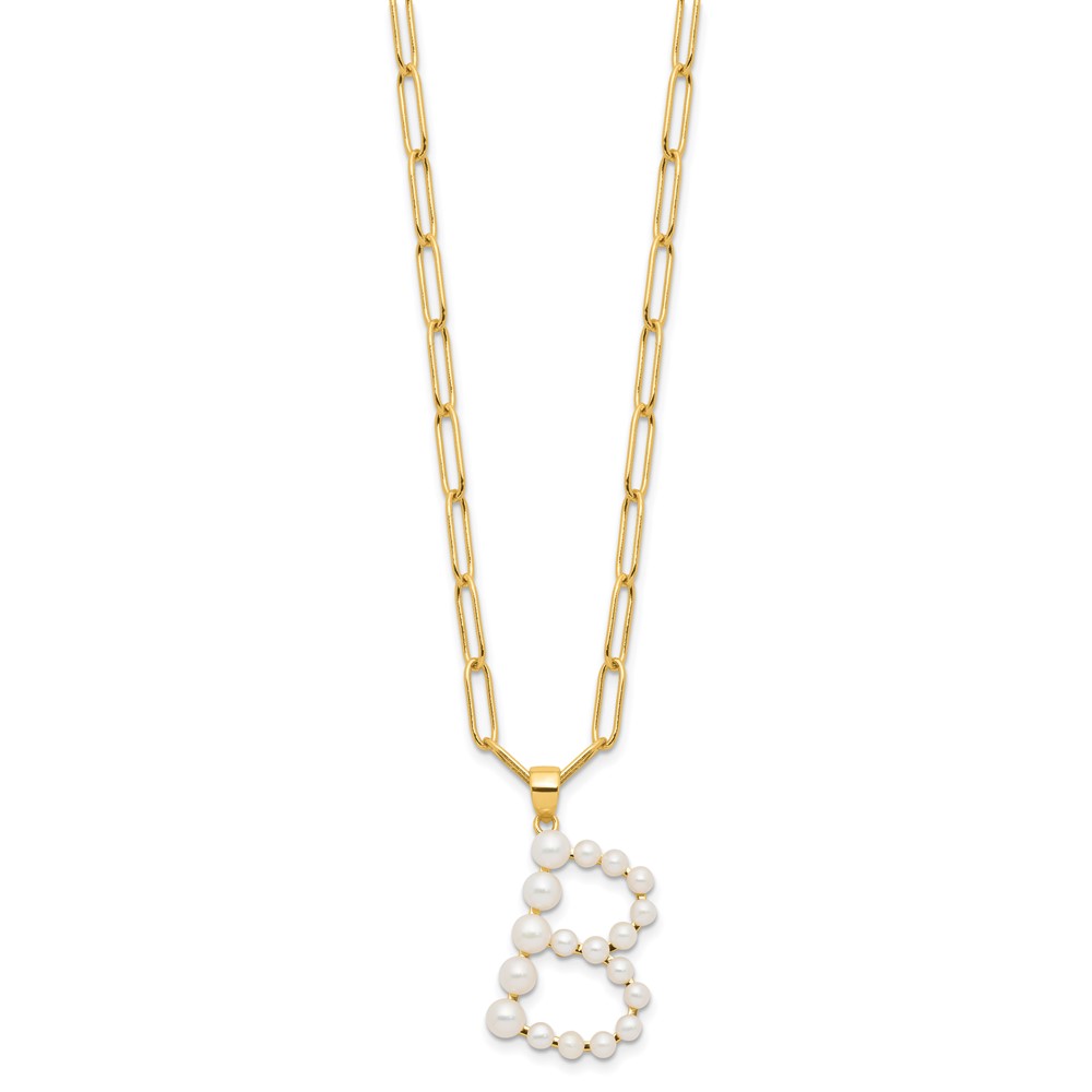 Sterling Silver Gold-plated 3-5.5mm White Button Freshwater Cultured Pearl LETTER B 18 inch Necklace (QH5808GPB-18)