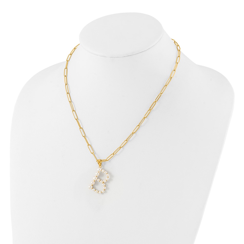 Sterling Silver Gold-plated 3-5.5mm White Button Freshwater Cultured Pearl LETTER B 18 inch Necklace (QH5808GPB-18)
