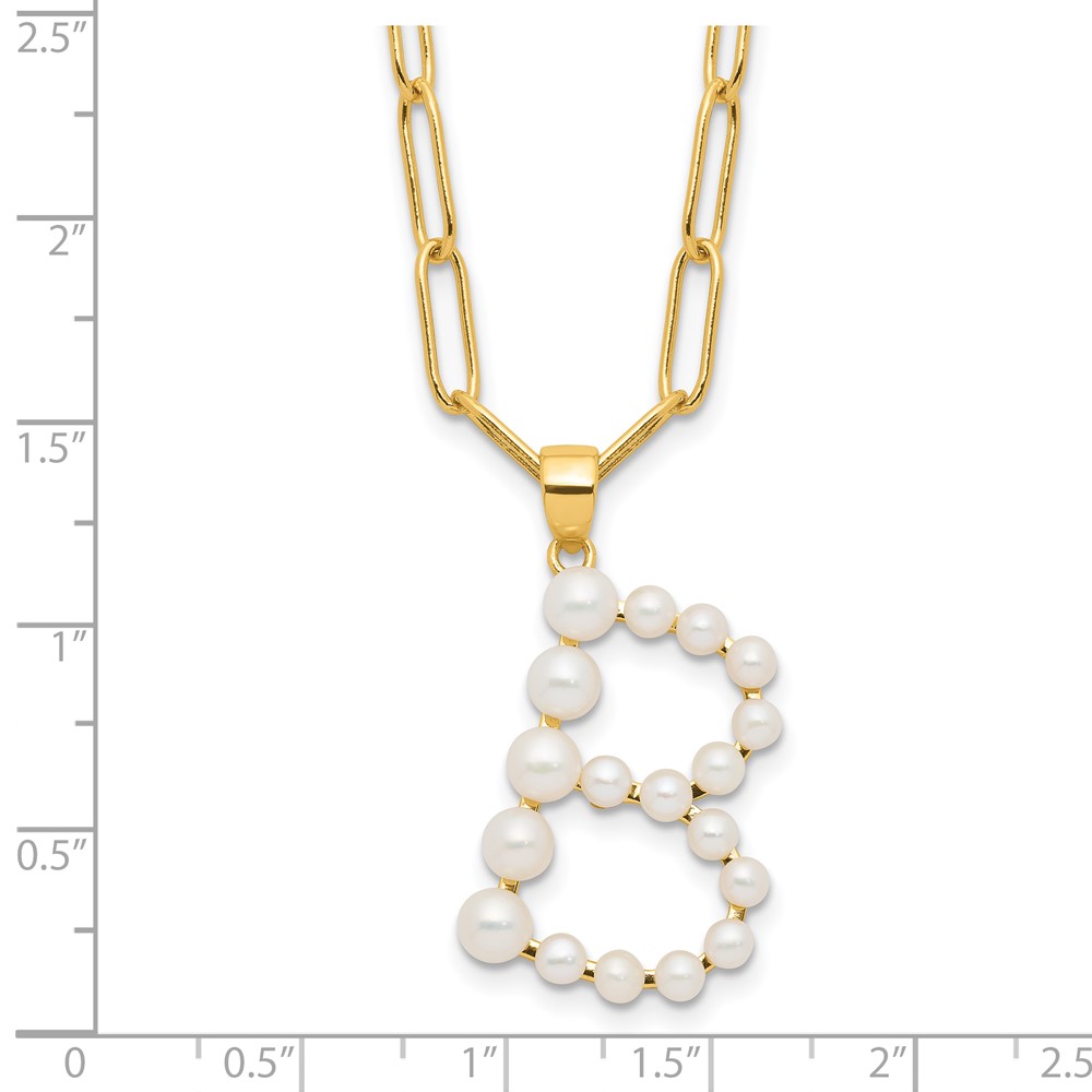 Sterling Silver Gold-plated 3-5.5mm White Button Freshwater Cultured Pearl LETTER B 18 inch Necklace (QH5808GPB-18)