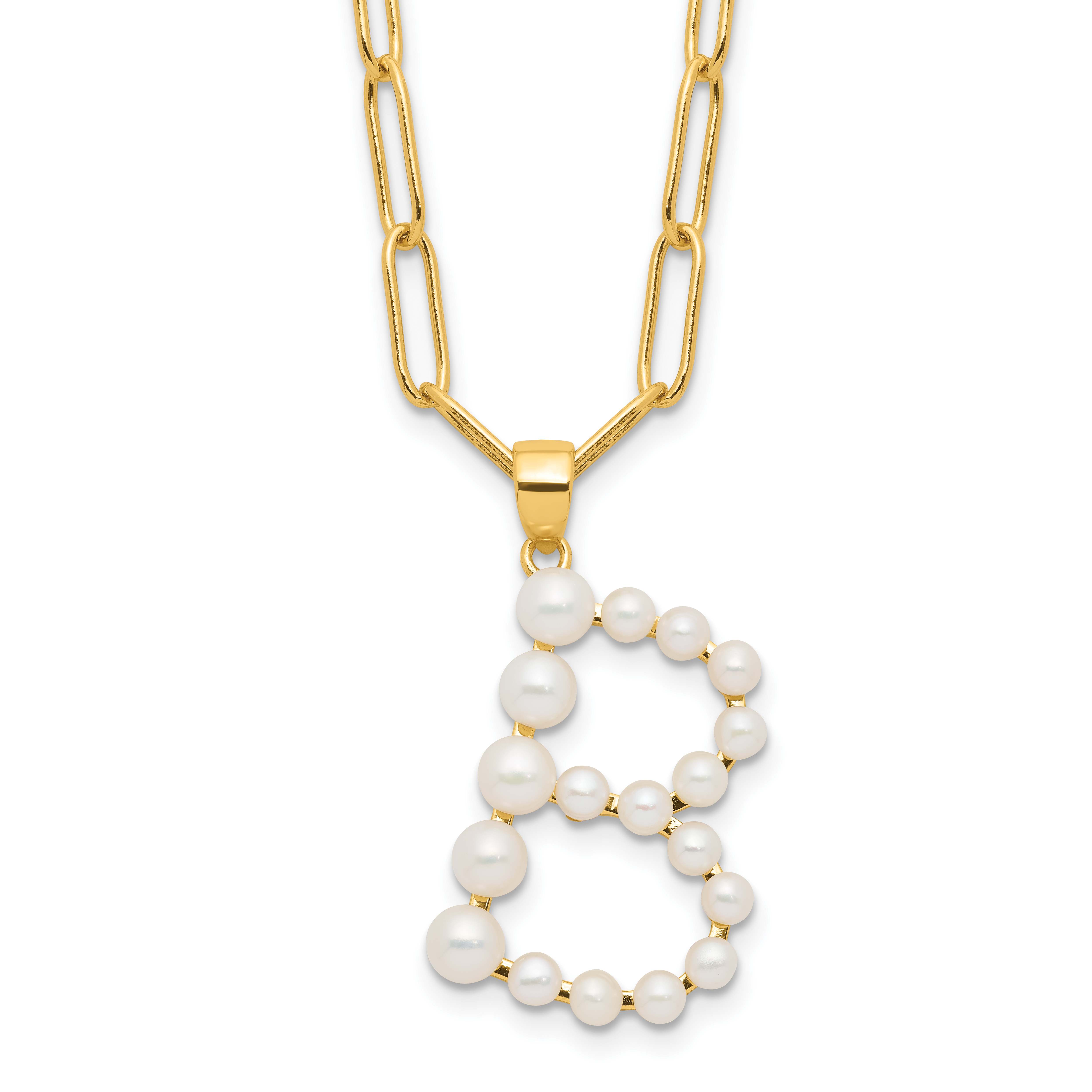 Sterling Silver Gold-plated 3-5.5mm White Button Freshwater Cultured Pearl LETTER B 18 inch Necklace (QH5808GPB-18)