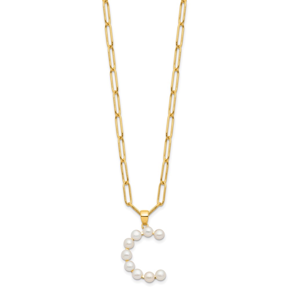 Sterling Silver Gold-plated 3-5.5mm White Button Freshwater Cultured Pearl LETTER C 18 inch Necklace (QH5808GPC-18)