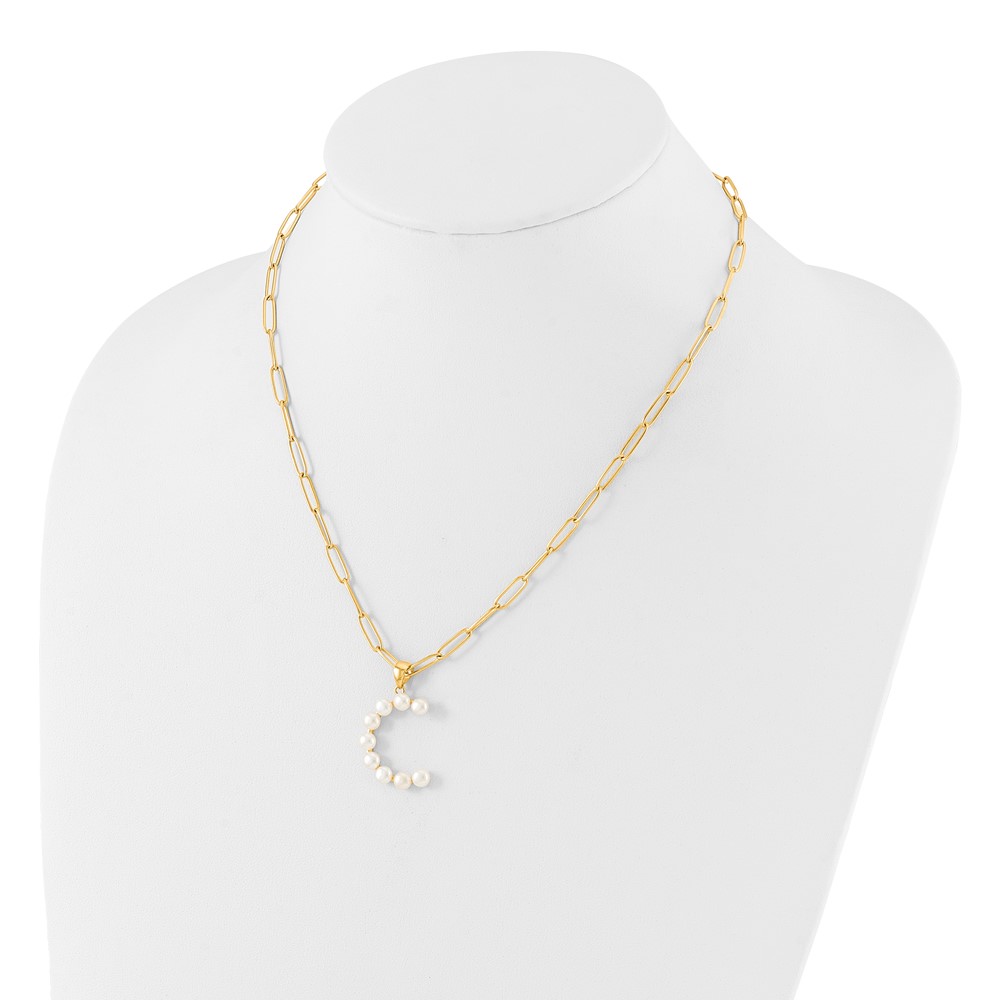 Sterling Silver Gold-plated 3-5.5mm White Button Freshwater Cultured Pearl LETTER C 18 inch Necklace (QH5808GPC-18)