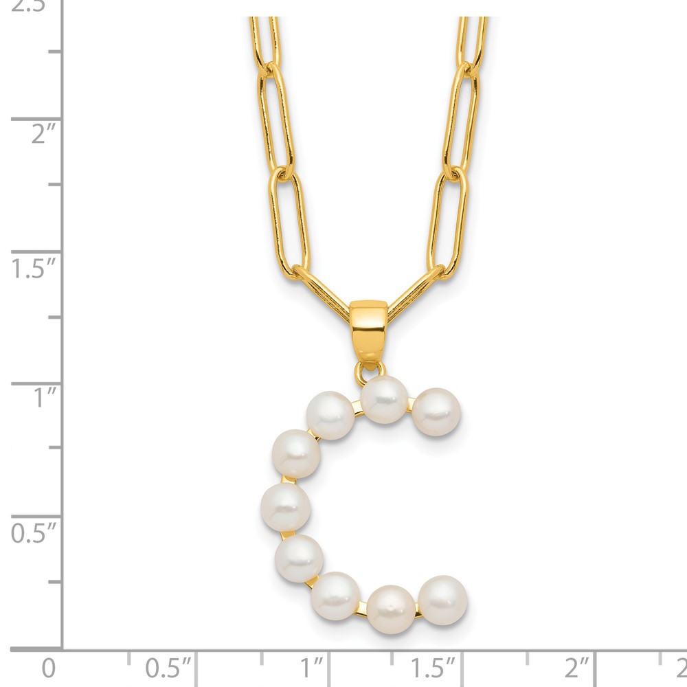 Sterling Silver Gold-plated 3-5.5mm White Button Freshwater Cultured Pearl LETTER C 18 inch Necklace (QH5808GPC-18)