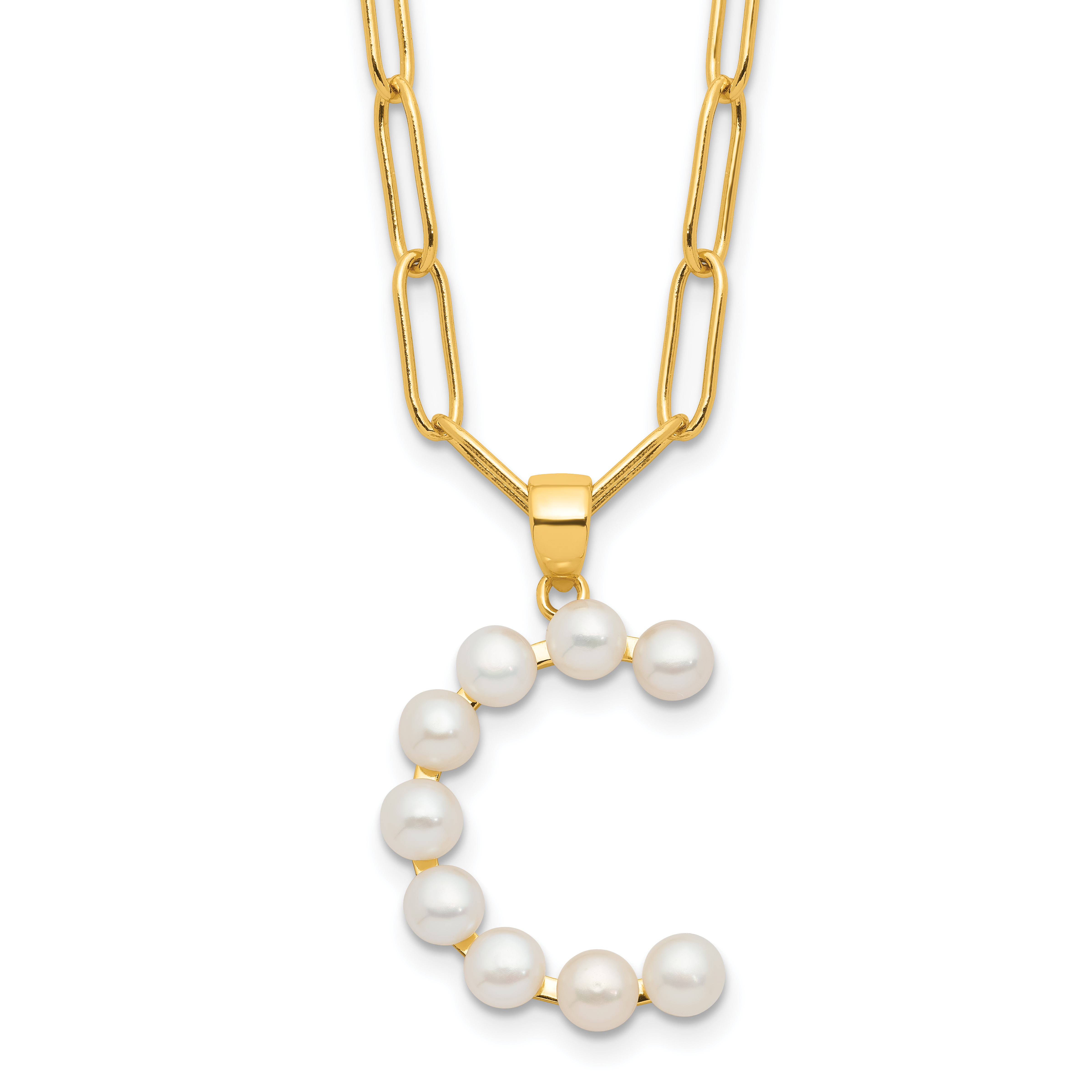 Sterling Silver Gold-plated 3-5.5mm White Button Freshwater Cultured Pearl LETTER C 18 inch Necklace (QH5808GPC-18)